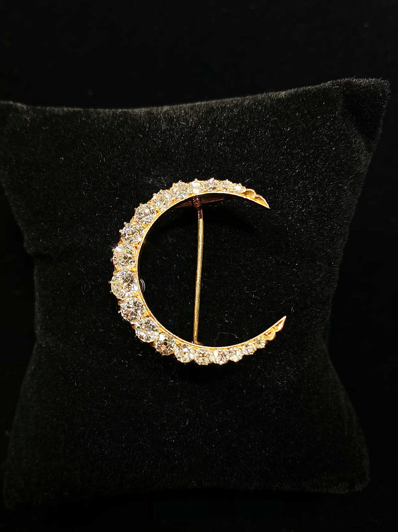 1920's Victorian Style Rose Gold Crescent Moon Brooch Pin w/ 19 Diamonds - 5 Cts. - $40K VALUE APR 57