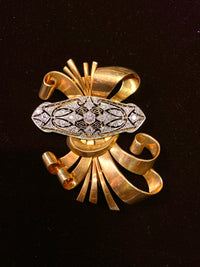 1920's Art Deco Platinum & YG Ribbon Motif Brooch/Pin w/ 37 Diamonds - $25K VALUE APR 57