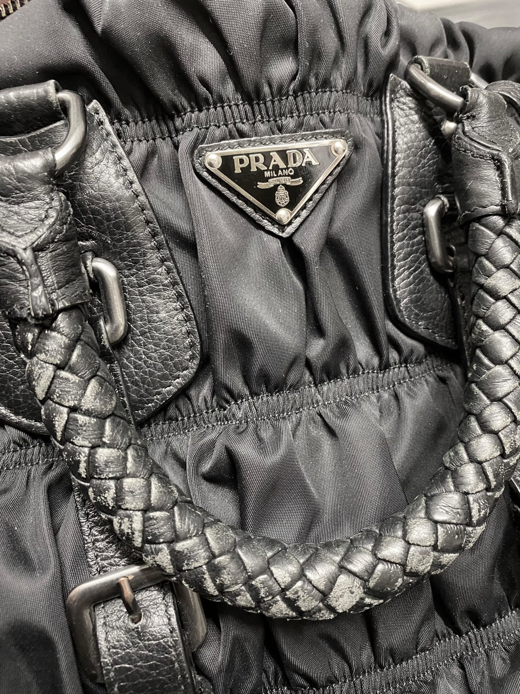 PRADA Tessuto Gaufre Black Nylon & Leather Tote Handbag