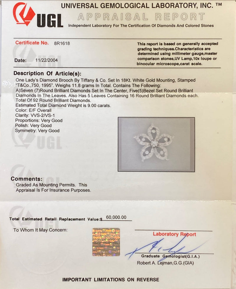 Tiffany & Co. 18KWG 9 Carat Diamond Brooch/Pin w UGL Certificate w $60K COA!!} APR 57