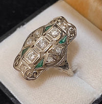 Art Deco style Designer's 18K White Gold with Diamonds and Emerald Ring - $10K Appraisal Value w/CoA} APR57