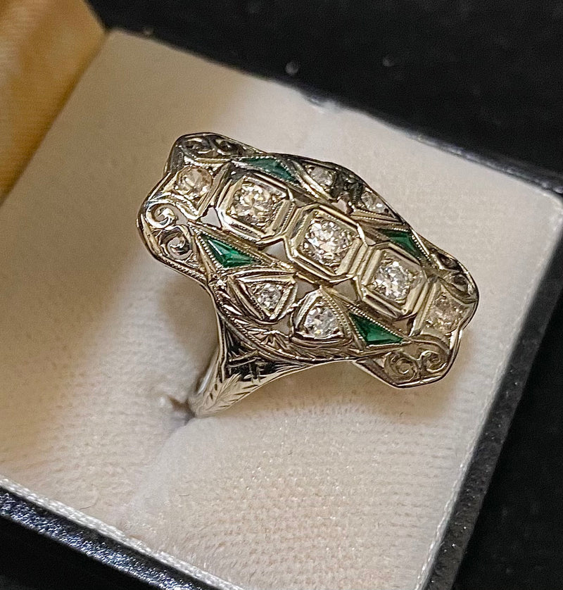 Art Deco style Designer's 18K White Gold with Diamonds and Emerald Ring - $10K Appraisal Value w/CoA} APR57