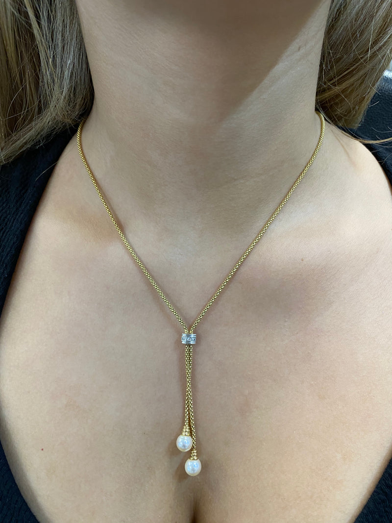 Unique Italian Designer YG/WG 3 Diamonds/2 Cultured Pearls Necklace w $6K COA!!} APR 57