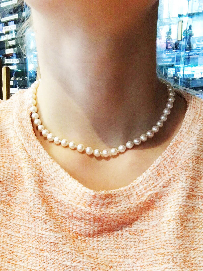 Designer Pearl Choker Necklace 16" Long Hidden Lock Appr. 54 Pearls 6.5 mm Each - $6K VALUE APR 57