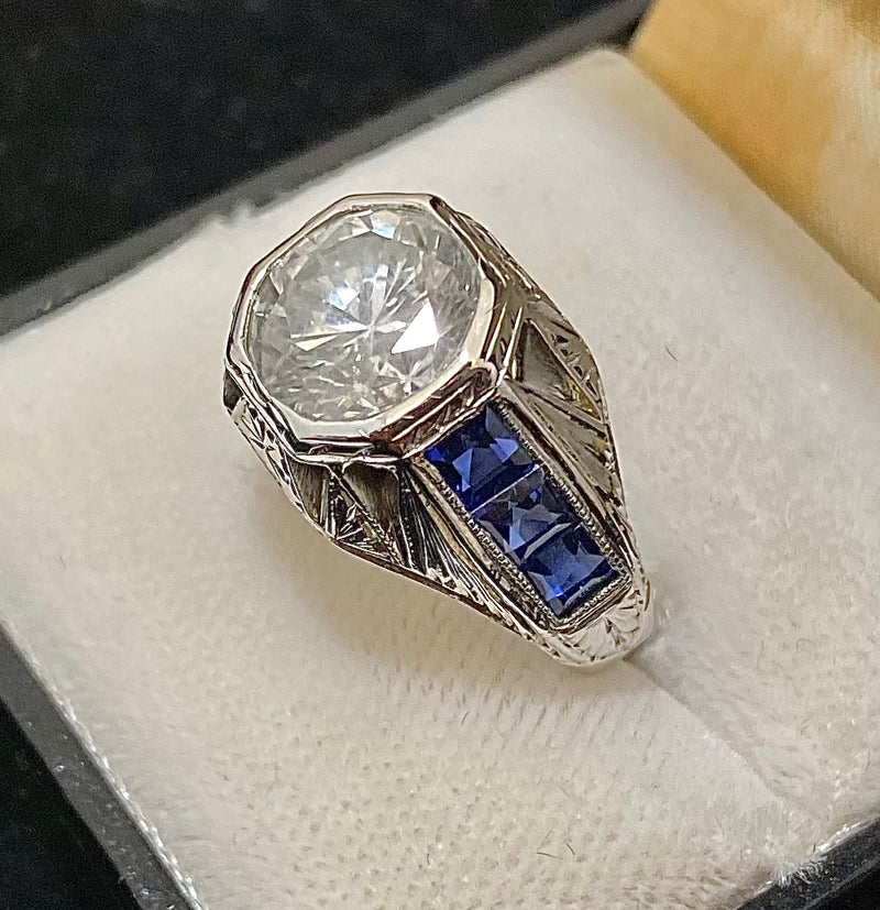 1910's Antique Design Solid White Gold with Diamond and Sapphire Filigree Ring - $60K Appraisal Value w/CoA} APR57