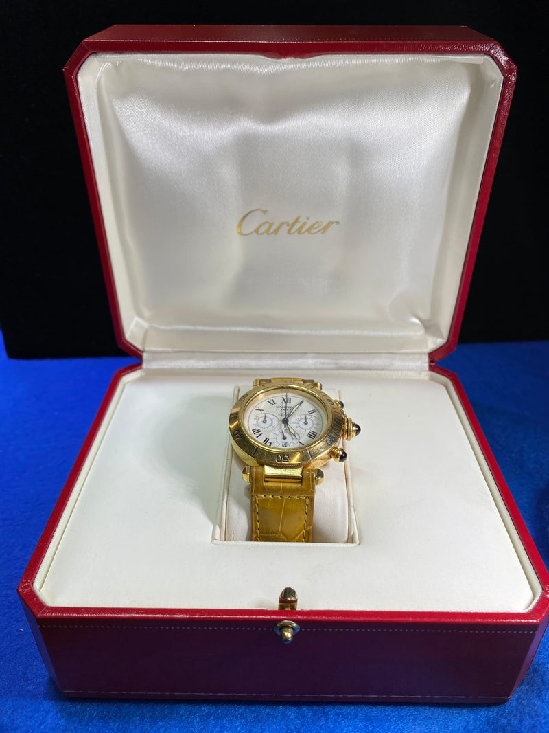 CARTIER Pasha Large Chronograph/18K Yellow Gold w/Sapphires!/Rare/COA/APR $50K!^ APR 57