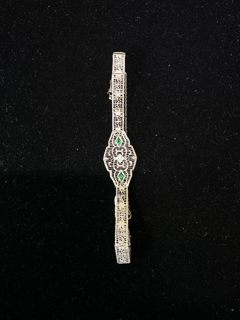 Antique Victorian Style White Gold Diamond & Emerald Bracelet - $6K APR Value w/ CoA! APR 57