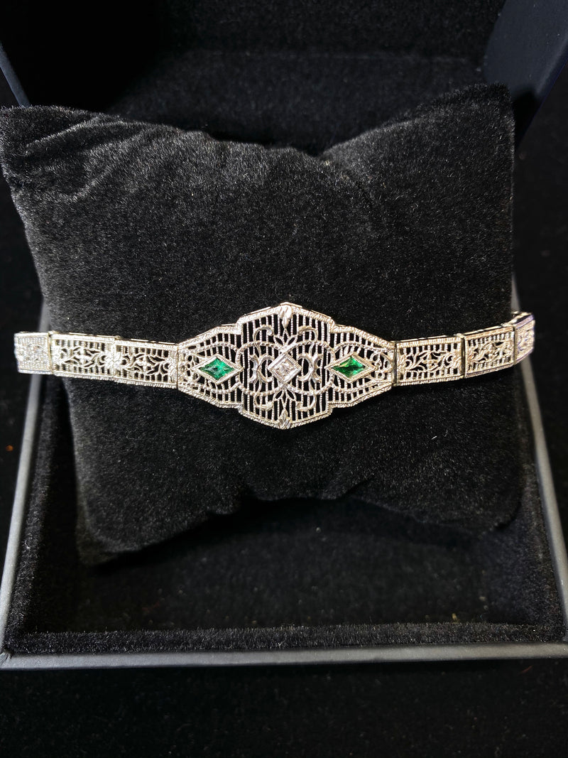 Antique Victorian Style White Gold Diamond & Emerald Bracelet - $6K APR Value w/ CoA! APR 57