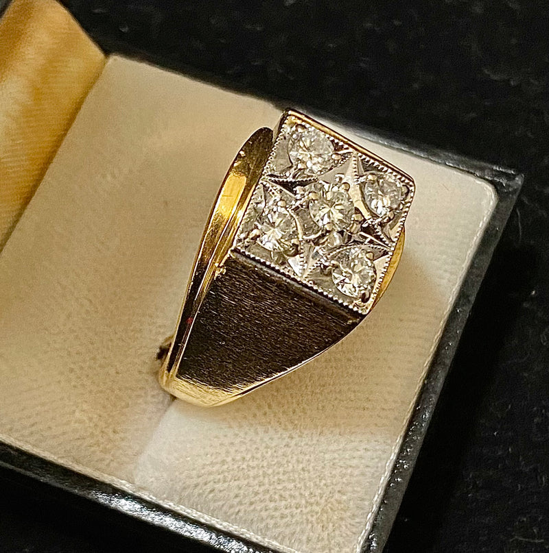 Unique Solid Yellow Gold 5-Diamond Signet Flat Top Ring - $10K Appraisal Value w/CoA} APR57