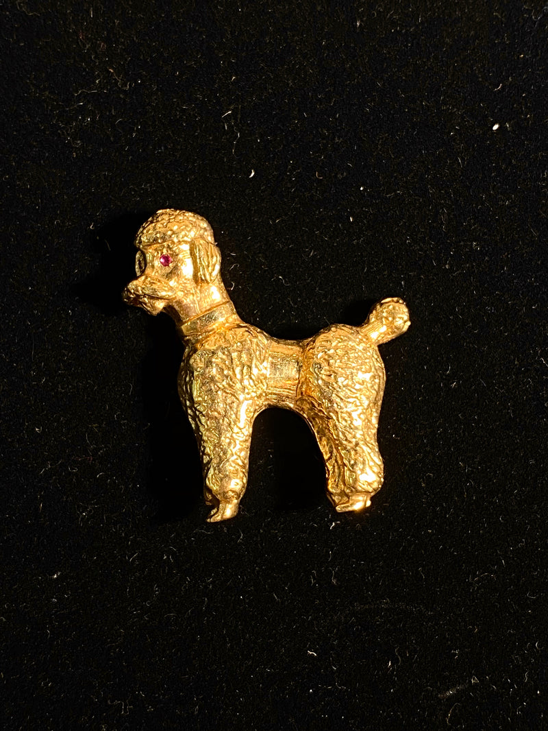 VCA Style YG Textured Poodle Puppy Ruby Eyes Vintage 1940's Brooch/Pin w 8K COA} APR 57