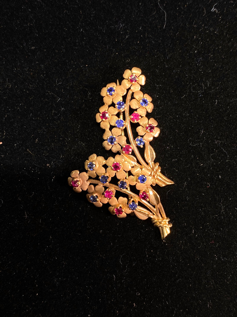 VCA-Style Vintage 1940's Yellow Gold Sapphire Ruby Floral Spray Brooch Pin - $12K VALUE APR 57