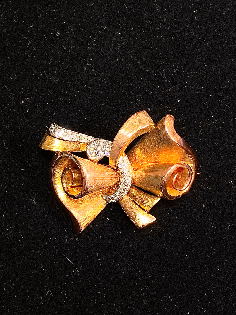 Diamond Bow Brooch Pin Pendant 14K Yellow Gold
