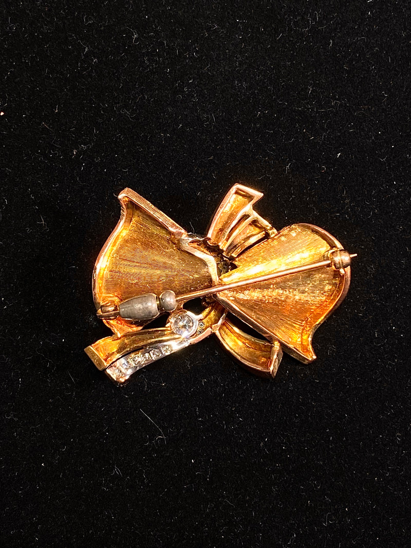 Diamond Bow Brooch Pin Pendant 14K Yellow Gold