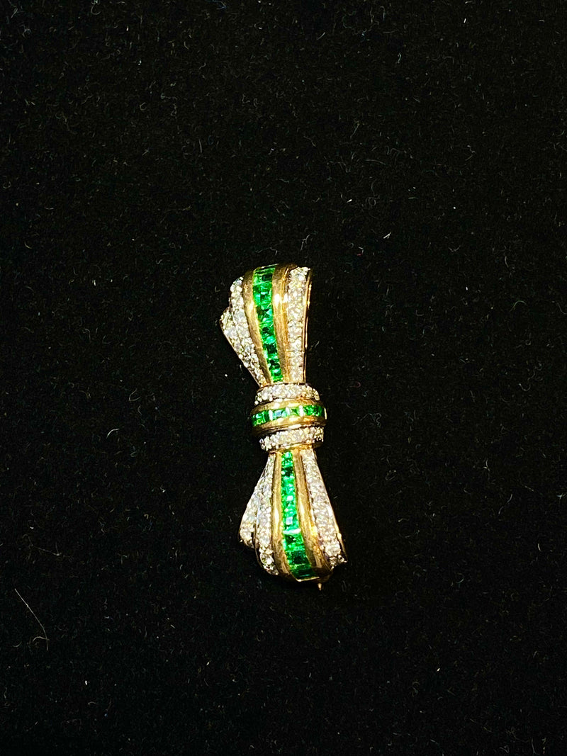 Cartier-Style Vintage 14K YG Bow Brooch Pin w/ 46 Diamonds and 25 Emeralds - $20K VALUE } APR 57