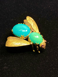 Intricate Design 18KYG Turquoise/Pink Sapphire Bumble Bee Brooch w $15K COA !!!} APR 57