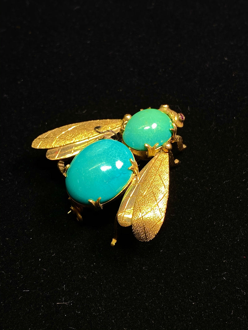 Intricate Design 18KYG Turquoise/Pink Sapphire Bumble Bee Brooch w $15K COA !!!} APR 57