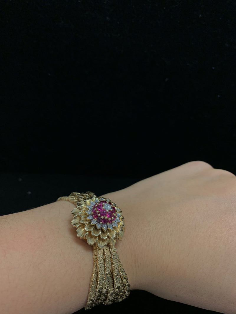 PERLE Vintage Circa 1940s Yellow Gold Ruby & Diamond Floral Bracelet Watch - $40K APR w/ CoA! ✓ APR 57
