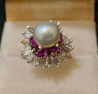 1940s Antique 18K White Gold Pearl, Diamond, & Ruby Ring - $20K Appraisal Value w/CoA} APR57