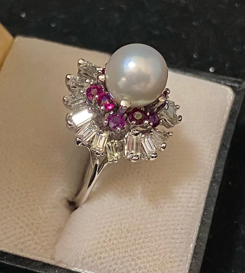 1940s Antique 18K White Gold Pearl, Diamond, & Ruby Ring - $20K Appraisal Value w/CoA} APR57