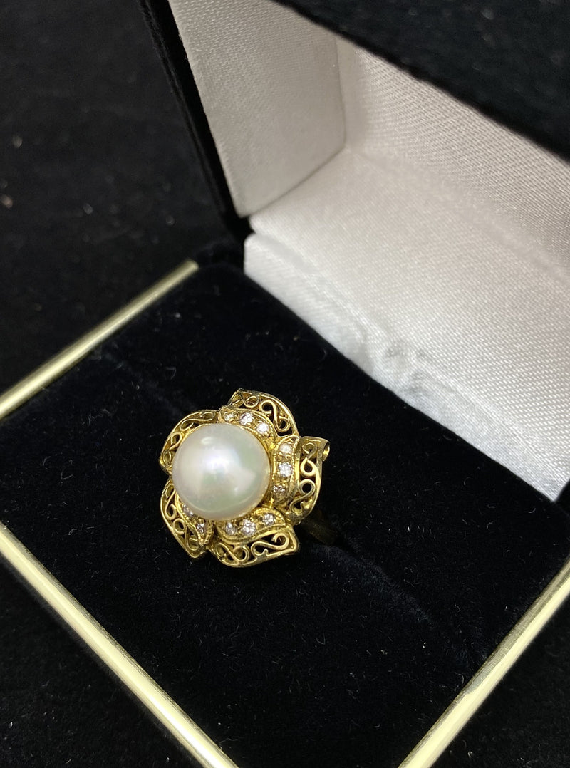 1940's Antique Designer Solid Yellow Gold Pearl & 15-Diamond Ring - $6K Appraisal Value w/ CoA! APR 57