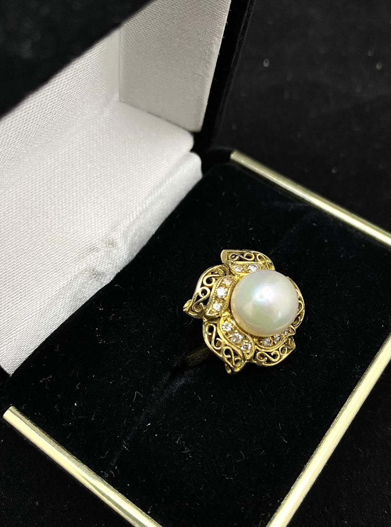 1940's Antique Designer Solid Yellow Gold Pearl & 15-Diamond Ring - $6K Appraisal Value w/ CoA! APR 57