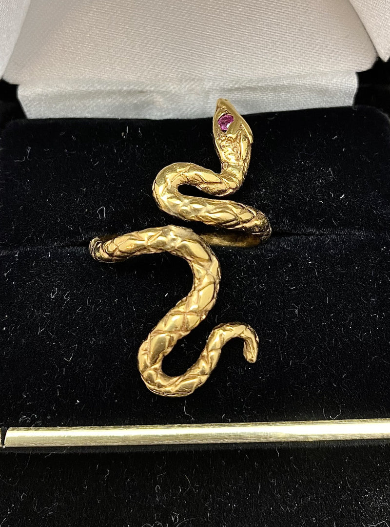 1950's Bvlgari Style Design Solid Yellow Gold Snake Ring with 2 Rubies! - $6K Appraisal Value w/ CoA! APR 57