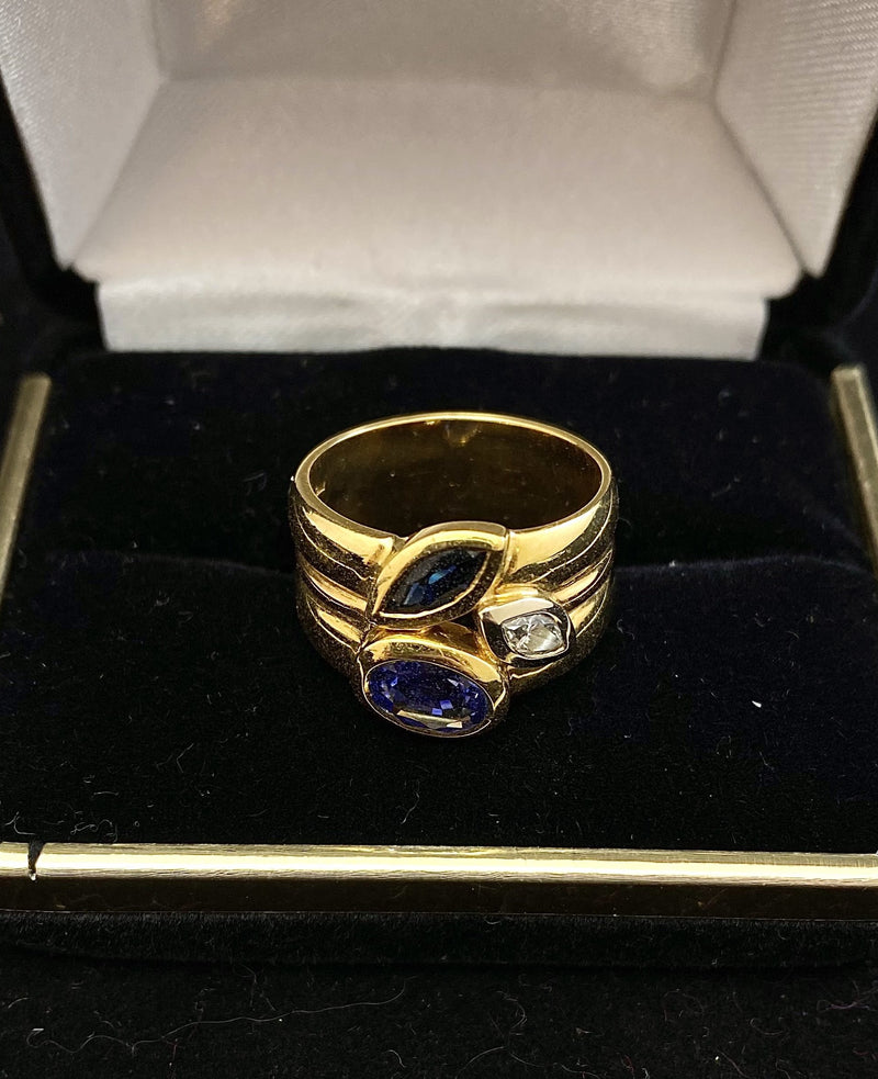 Bvlgari Style 18K Yellow Gold Tanzanite, Sapphire, & Diamond Ring - $10K Appraisal Value w/ CoA! APR 57