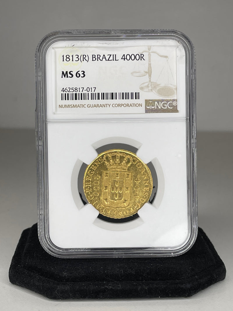 Brazil João Prince Regent Gold, 4000 Reis, 1813 Rare Coin, NGC MS 63, - w/ $10k APR of CoA! APR 57