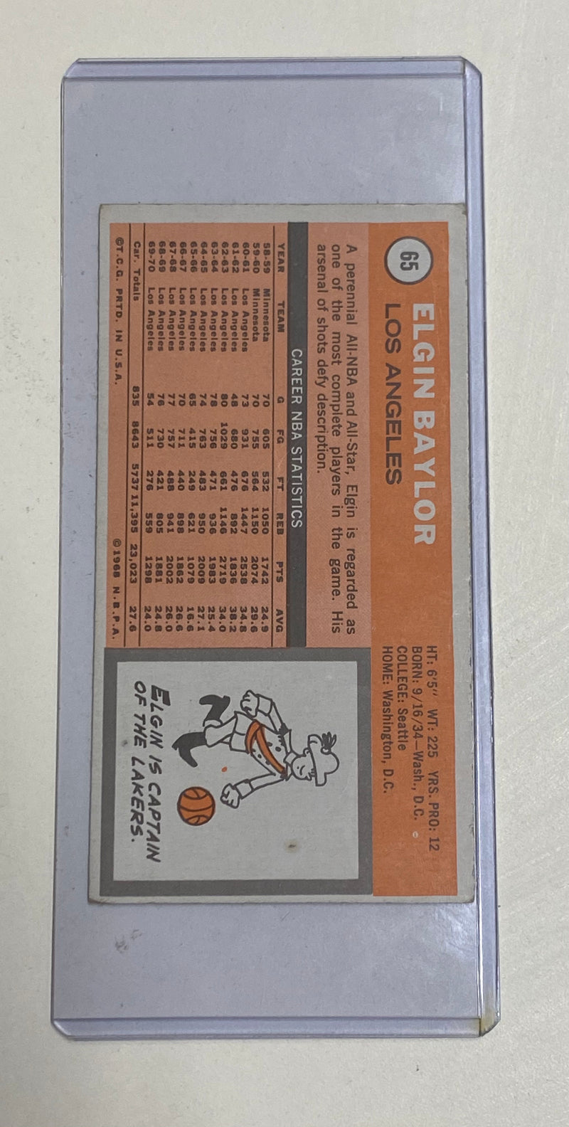 Elgin Baylor, 1970, Basketball Trading Card - $200 APR Value w/ CoA! APR 57