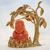 BORIS LE BEAU Vintage 1930's Amazing Coral Buddha Brooch Pin in 18K Yellow Gold  - $15K Appraisal Value! ✓ APR 57