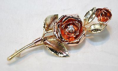 1950s Diamond Rose Brooch in Solid 14K Yellow & Rose Gold - $5K VALUE APR 57