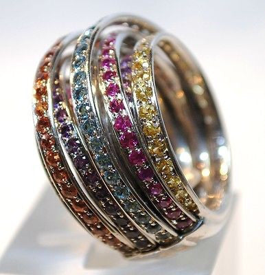 DE GRISOGNO Contemporary Designer Allegra Ring in 18K White Gold with Blue Topaz, Peridot, Emerald, & Sapphire Gemstones - $20K VALUE APR 57