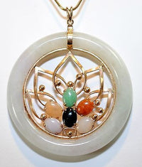 1960s Vintage Nephrite & Multi-Colored Jade Circle Pendant in Yellow Gold - $10K VALUE APR 57