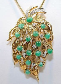 1950s Vintage Emerald & Diamond Floral Leaf Spray Brooch/Pendant in 18K Yellow Gold - $20K VALUE APR 57
