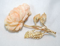1940s Vintage Carved Pink Coral Rose Brooch in Solid Yellow Gold - $5K VALUE APR 57