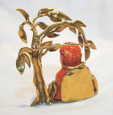 BORIS LE BEAU Vintage 1930's Amazing Coral Buddha Brooch Pin in 18K Yellow Gold  - $15K Appraisal Value! ✓ APR 57
