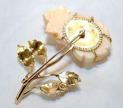 1940s Vintage Carved Pink Coral Rose Brooch in Solid Yellow Gold - $5K VALUE APR 57