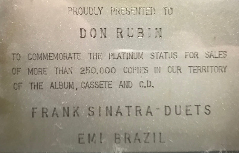FRANK SINATRA, "Duets" Platinum Album Plaque Dedicated to Executive Producer Don Rubin- APR $10K* APR 57