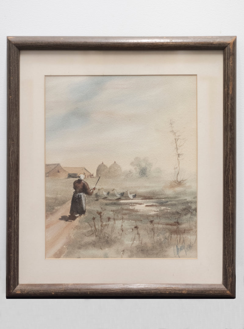 Woman in a Landscape, Signed Watercolor on Paper, Framed, 1898 - $4K APR Value w/ CoA! + APR 57