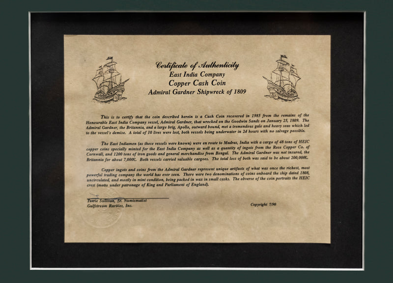 Authentic 1808 Admiral Gardner Shipwreck Copper Cash Coin - $800 APR Value w/ CoA! APR 57