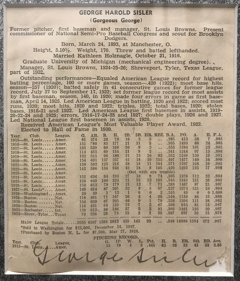 "Gorgeous George" Sisler Autographed Stats Card with Photo $5K Value APR 57