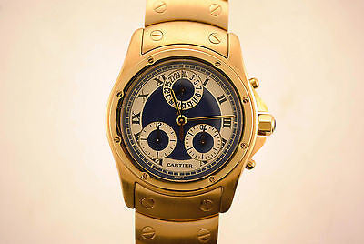Cartier Round Santos Chronograph Men's Wristwatch in 18K Yellow Gold with Blue & Silver Dial - $60K VALUE APR 57