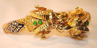 1960s Vintage Enamel Ram Head Hinged Cuff Bracelet with Emeralds in 18K Yellow Gold - $20K VALUE APR 57