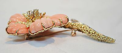1950s Vintage Designer Angel Skin Pink Coral & Diamond Flower Brooch in 18K Yellow Gold - $25K VALUE APR 57