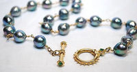 1960s Vintage Peacock Orient Baroque Pearl Station Necklace with Emerald Toggle - $12K VALUE APR 57