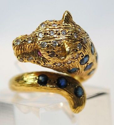 1960s Vintage Sapphire, Diamond, & Ruby Panther Ring in 18K Yellow Gold - $10K VALUE APR 57