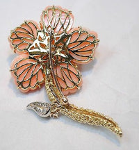 1950s Vintage Designer Angel Skin Pink Coral & Diamond Flower Brooch in 18K Yellow Gold - $25K VALUE APR 57