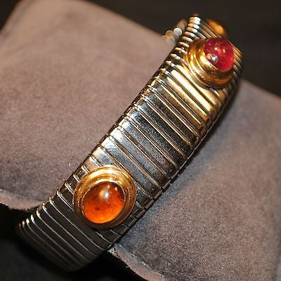 Bvlgari Tubogas Stainless Steel & 18K Yellow Gold Cuff Bracelet with Ruby, Citrine, Topaz - $20K VALUE APR 57