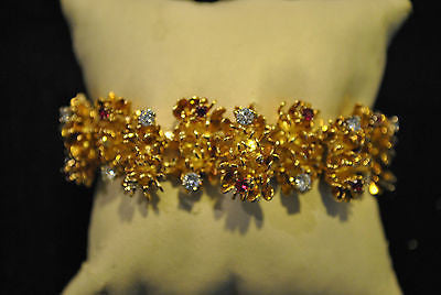 1940s Vintage Asprey Style 18K Yellow Gold Flower Link Bracelet with 5.33 Carats in Diamond & Ruby - $50K VALUE APR 57