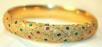 1970s Vintage Textured 14K Yellow Gold Bangle Bracelet with Ruby, Sapphire, & Emerald - $15K VALUE APR 57